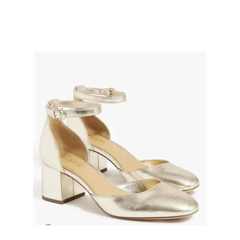 J. Crew Size Metallic Gold Ankle Strap Maisie Pump 10 Block Heel Y2K - Picture 9 of 9